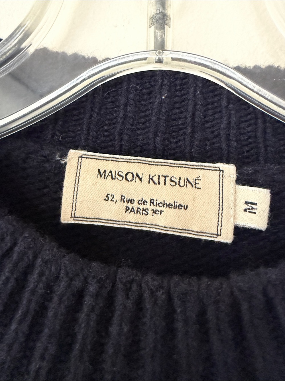 MAISON KITSUNE  Wool Blend Logo Letter Crewneck Sweater Navy Brown Size M - Picture 4 of 6